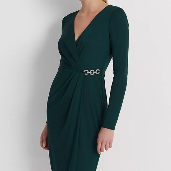 LAUREN RALPH LAUREN Jersey Surplice Cocktail Dress - Green - NWT - Size 4 - Picture 4 of 5